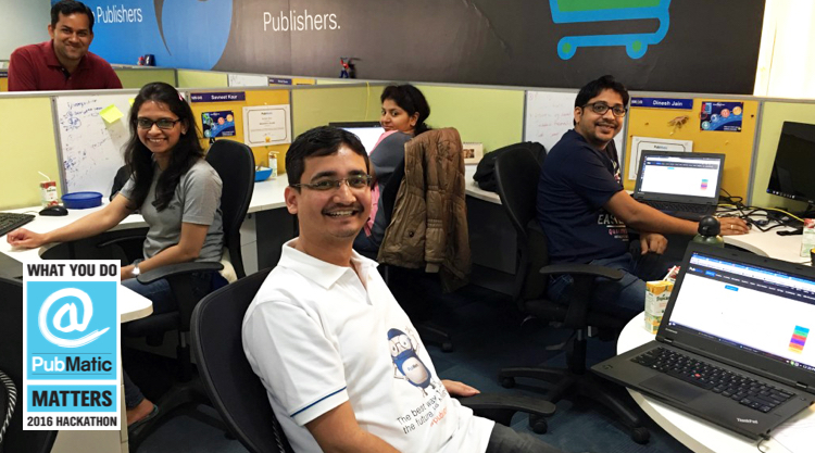 PubMatic Office background with co-workers smiling at camera