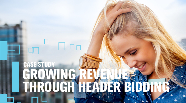 Young woman looking down with her hand on her hand with three filled blue square graphics over the image and twelve smaller blue square outlines and the text 