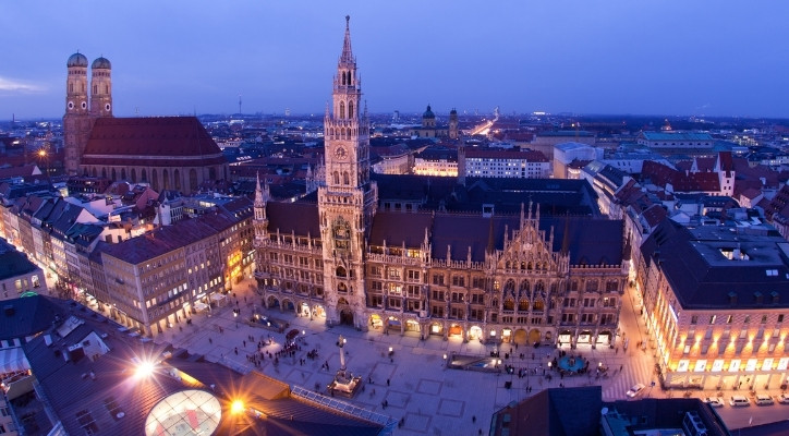 A fish-eye lens shot of Munich, Germany at night