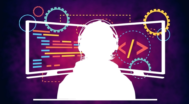 A purple and pink gradient with several colorful shapes in the background. A white silhouette of a person wearing headphones is in front