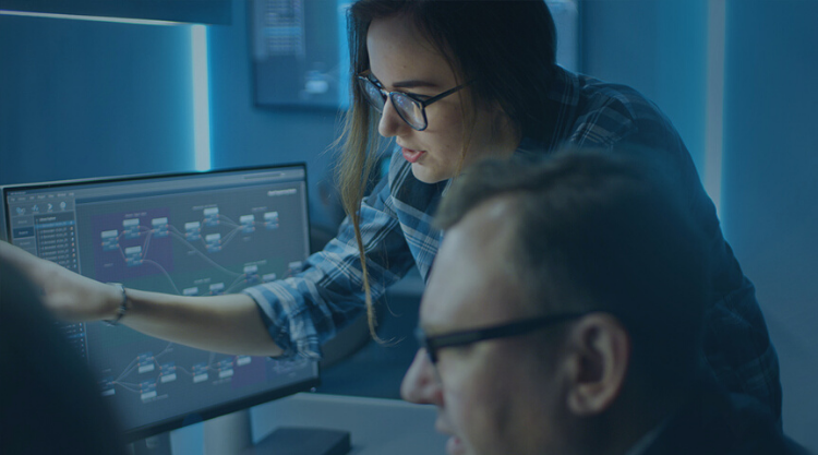 An adult woman points at a computer screen standing over a seated man in an office.