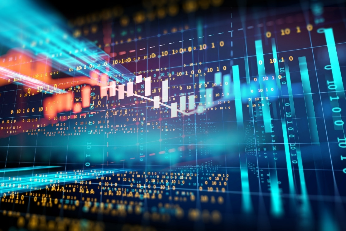 Technical background with a binary code floating around it. Big data concept.