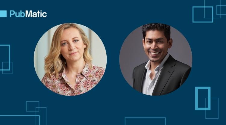 Dark blue background with light blue box pattern and headshots of Emma Newman and Rajeev Goel in the center