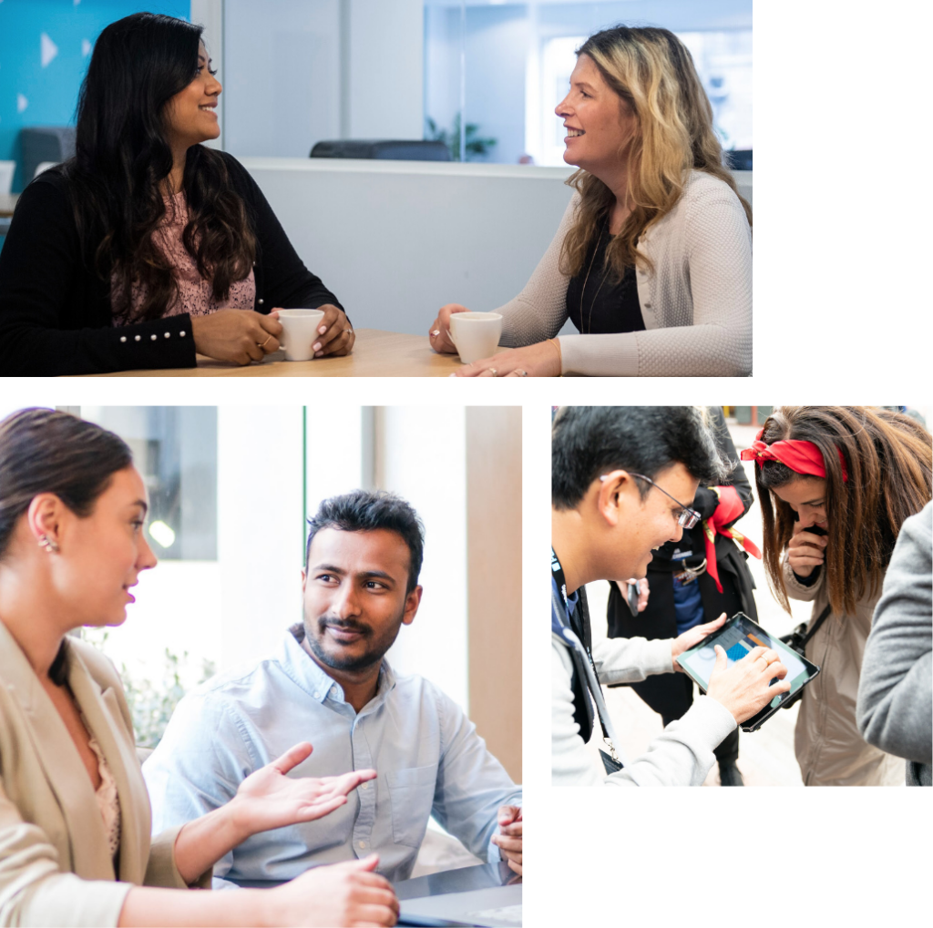 There are three images. One image of two smiling woman sitting at a table with mugs in their hands. Another image is a smiling man sitting at a table with his laptop in an office and a woman leaning over with a conversation. Another image is a photo of a man holding a tablet in front of a woman
