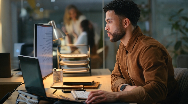 Office, night and businessman with computer for research
