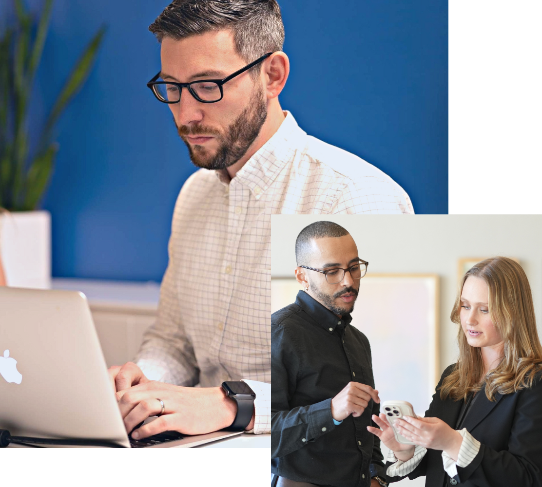 A large image of an adult man typing on a laptop in an office. A smaller image is in the bottom right corner of two professionals discussing the mobile project strategy.